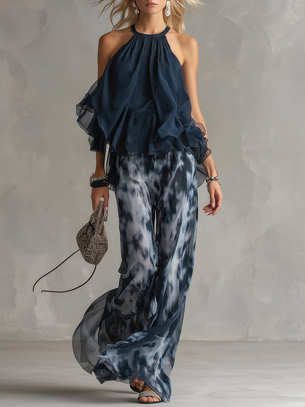 Ludovica · Conjunto de Top Halter Navy y Pantalón Palazzo Estampado