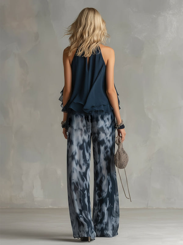 Ludovica · Conjunto de Top Halter Navy y Pantalón Palazzo Estampado