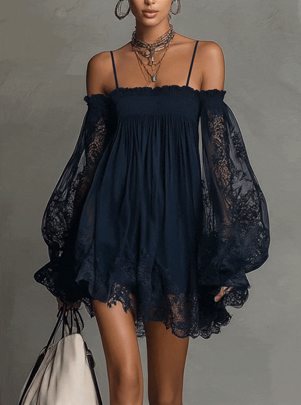 Noemi · Minivestido de Chifón Azul Marino con Escote Off-Shoulder, Encaje y Mangas Transparentes