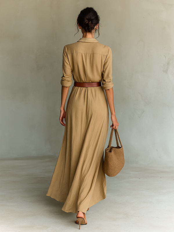 Philippine · Vestido Largo con Cuello de Solapa y Manga Larga