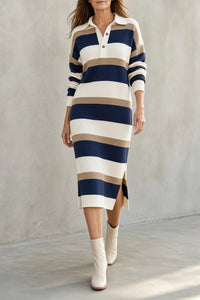TARA | Vestido midi de punto a rayas con cuello™