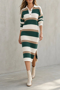 TARA | Vestido midi de punto a rayas con cuello™