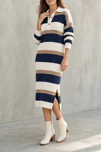 TARA | Vestido midi de punto a rayas con cuello™
