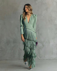 Chiara · Vestido Elegante de Tejido Lujo con Mangas de Flecos