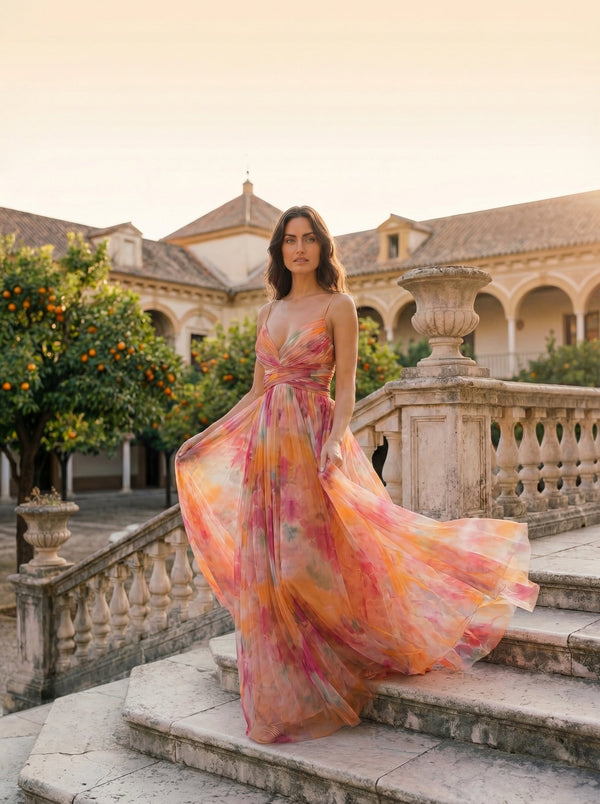 Marbella · Vestido Largo de Seda con Estampado Floral
