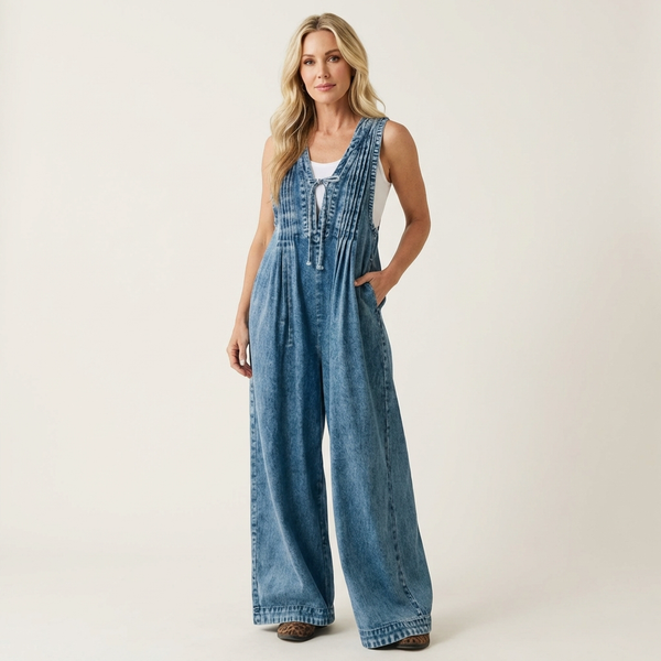 Griselda · Mono de Denim de Pierna Ancha Plisada