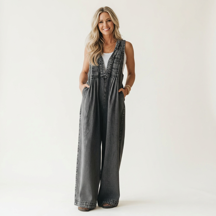 Griselda · Mono de Denim de Pierna Ancha Plisada