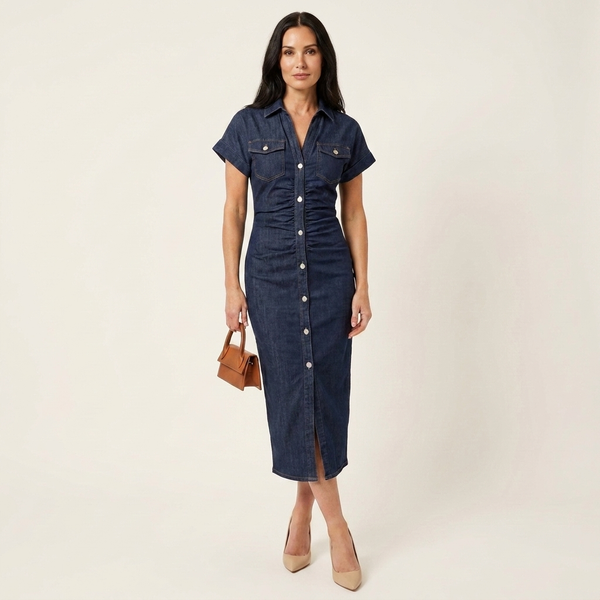 Maya · Vestido Midi Bodycon de Denim con Botones Delanteros