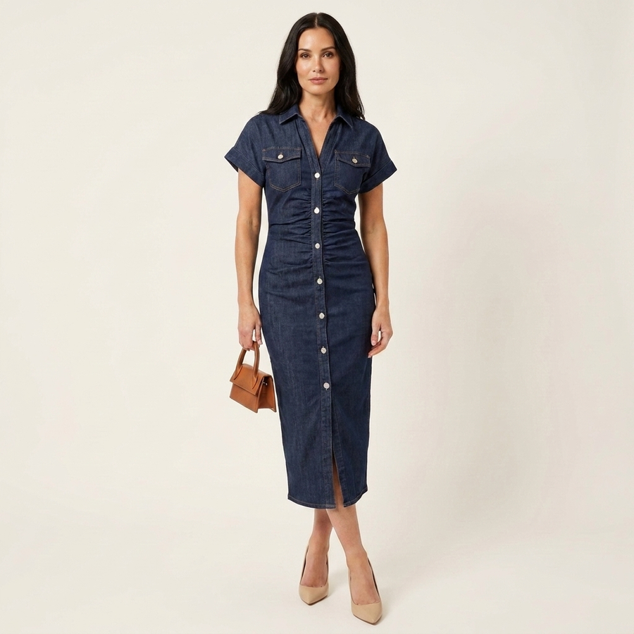 Maya · Vestido Midi Bodycon de Denim con Botones Delanteros