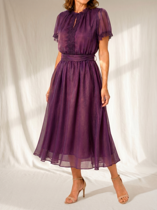 Vestido Maxi de Gasa con Escote en Gota y Encaje