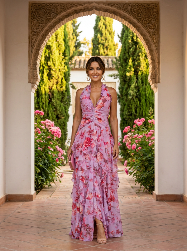 Vestido Largo Floral con Cuello Halter
