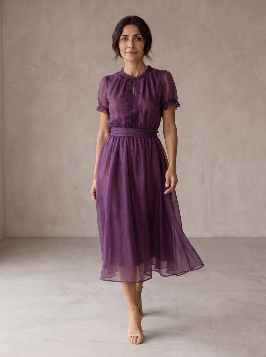 Vestido Maxi de Gasa con Escote en Gota y Encaje