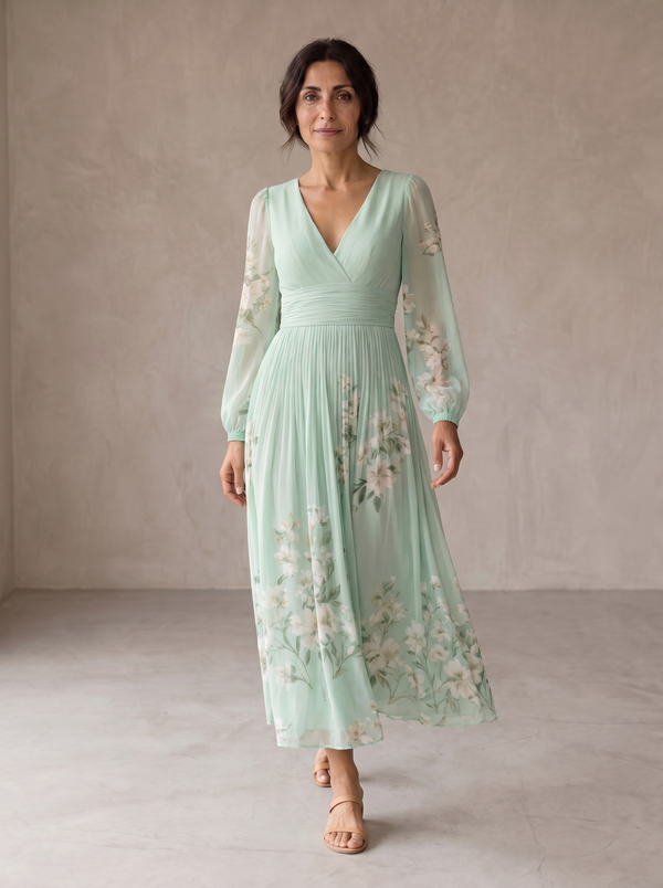 Vestido Midi Verde Claro con Motivos Florales