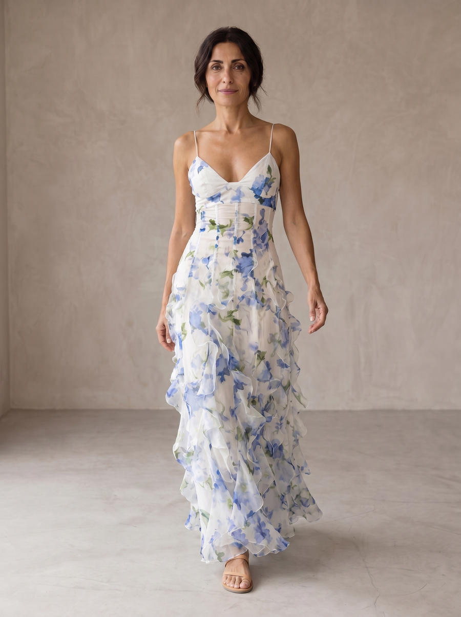 Uri · Vestido Midi Floral con Detalles Fruncidos