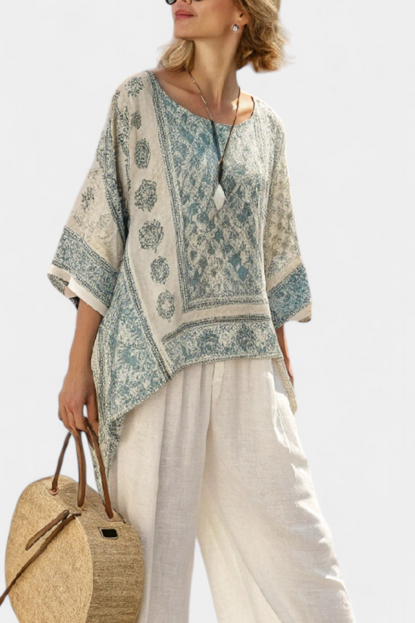 Eliza | Conjunto Blusa Estampada y Pantalón Blanco Ancho