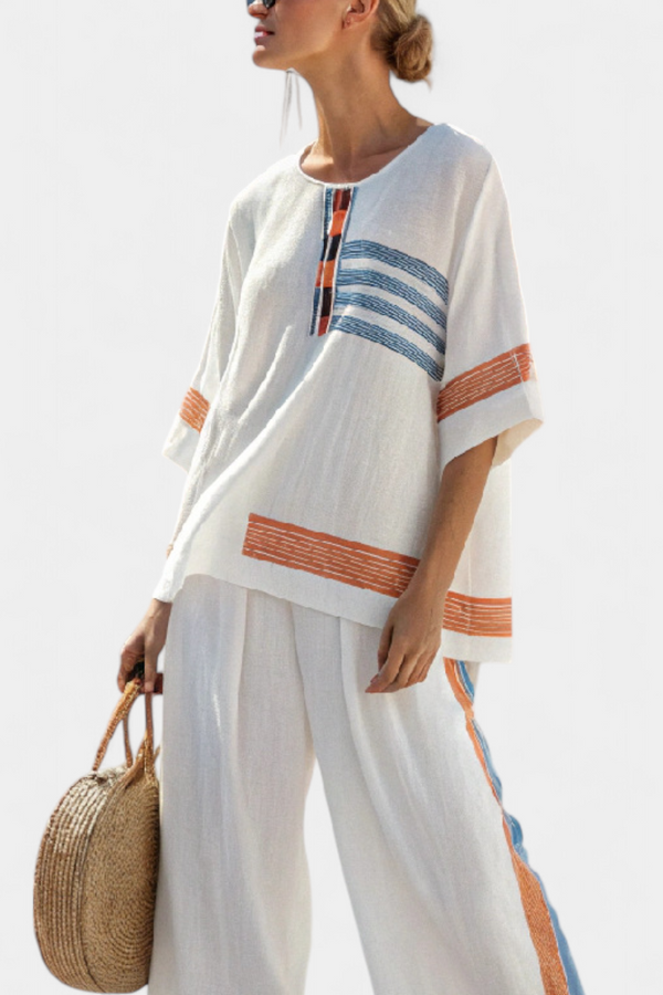 Emilia | Conjunto Top Azul-Naranja a Rayas y Pantalón