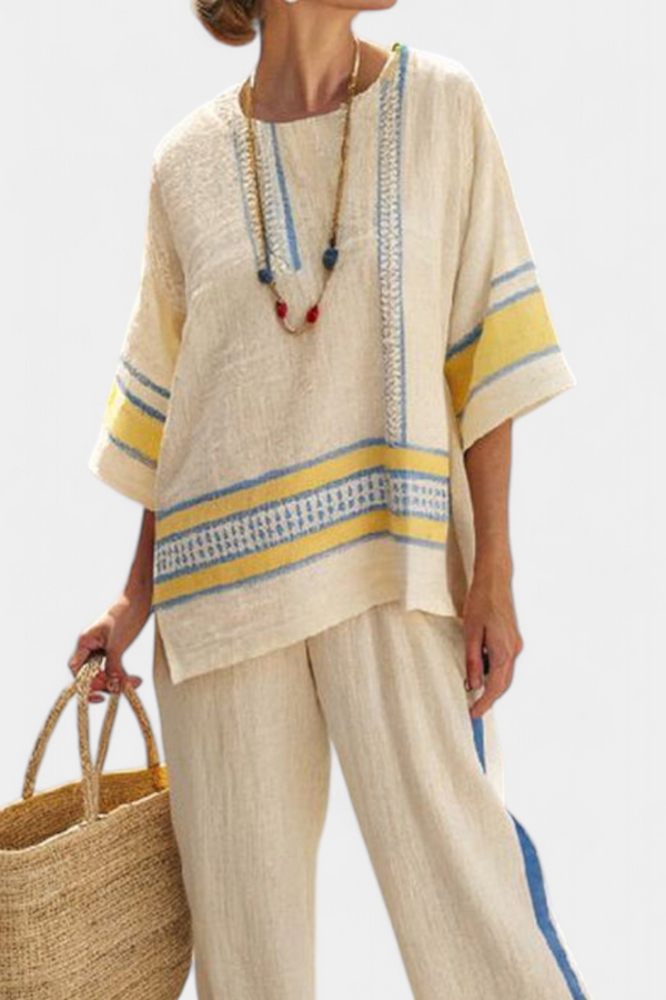 Clara | Conjunto Top Mediterráneo Azul-Amarillo y Pantalón Lino