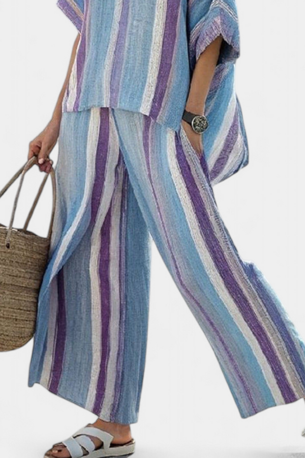 Julietta | Conjunto Top Pastel Malva y Pantalón Lino a Rayas