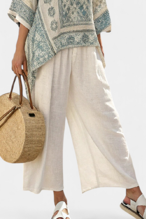 Eliza | Conjunto Blusa Estampada y Pantalón Blanco Ancho