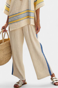 Clara | Conjunto Top Mediterráneo Azul-Amarillo y Pantalón Lino