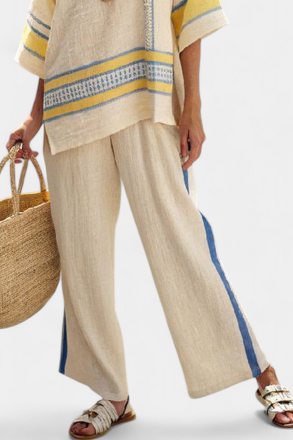 Clara | Conjunto Top Mediterráneo Azul-Amarillo y Pantalón Lino