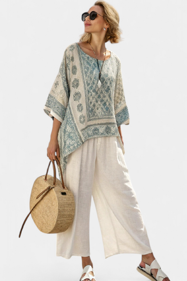 Eliza | Conjunto Blusa Estampada y Pantalón Blanco Ancho