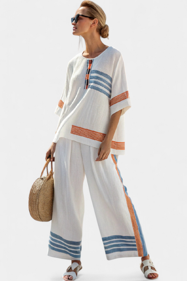 Emilia | Conjunto Top Azul-Naranja a Rayas y Pantalón