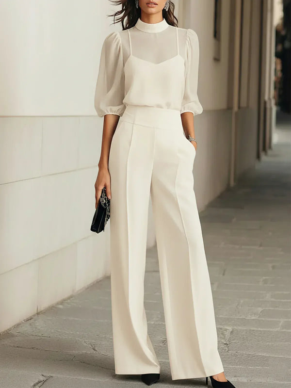 Conjunto Negro de Top de Gasa y Pantalón Évasé